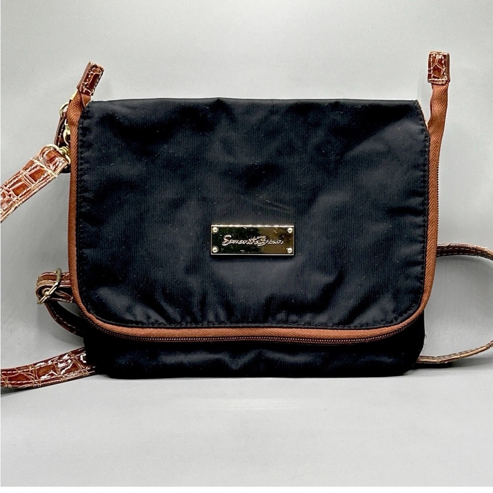 SAMANTHA BROWN Black Nylon Travel Shoulder Bag Croc Trim w Zippered Card Holder+
